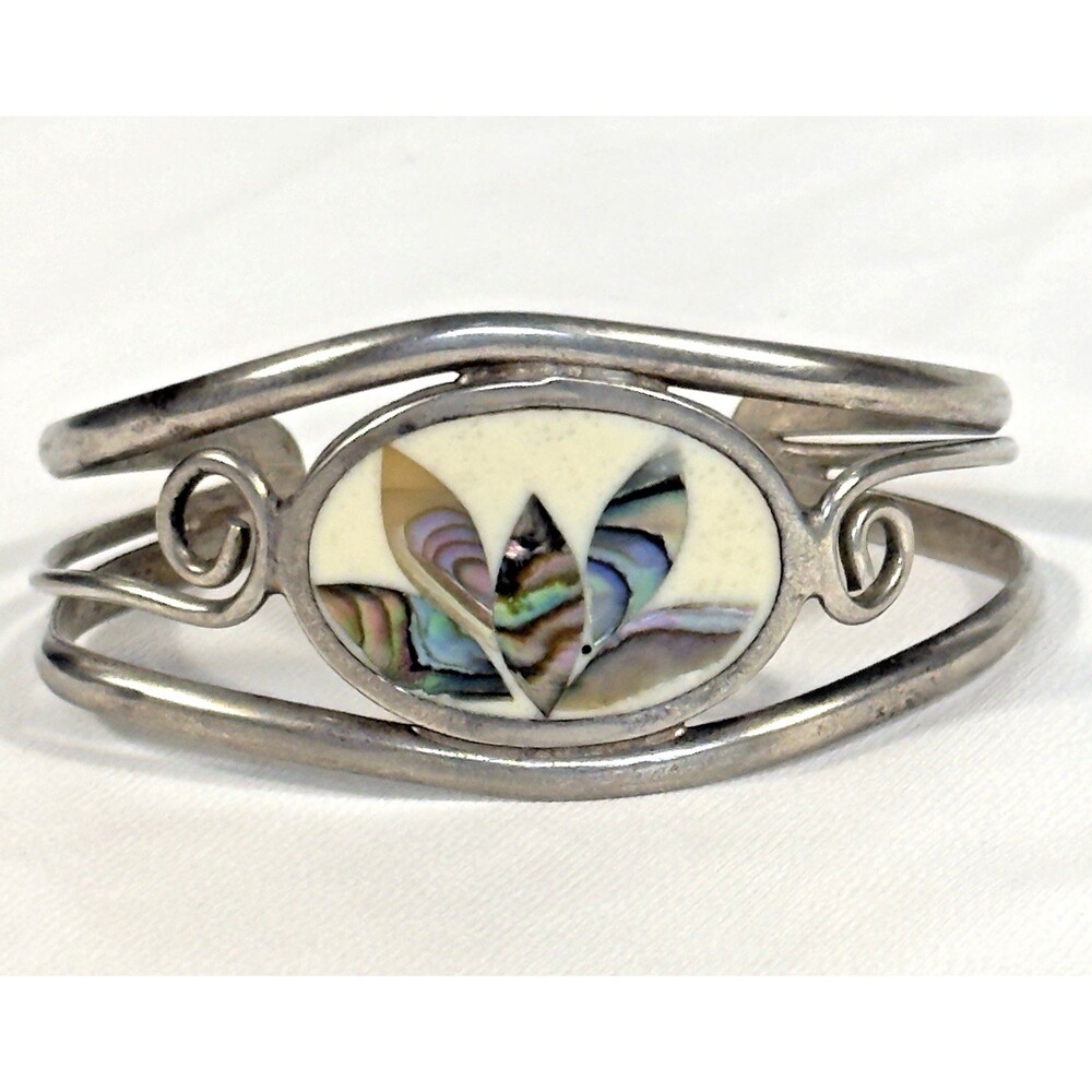 Vintage Mexico Abalone Mother of Pearl Hummingbird Inlay Cuff Bracelet Boho